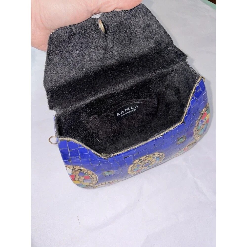 Ramla Stunning Blue Mosaic Clutch Crossbody Bag With Gold Chain B12 - Picture 7 of 9